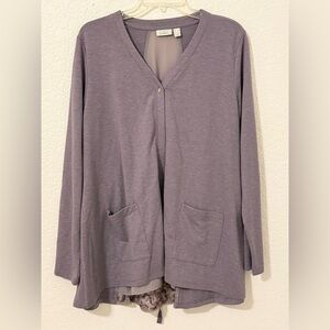 LOGO by Lori Goldstein Lavender Light Cardigan with Layered Hem & Lace Back L